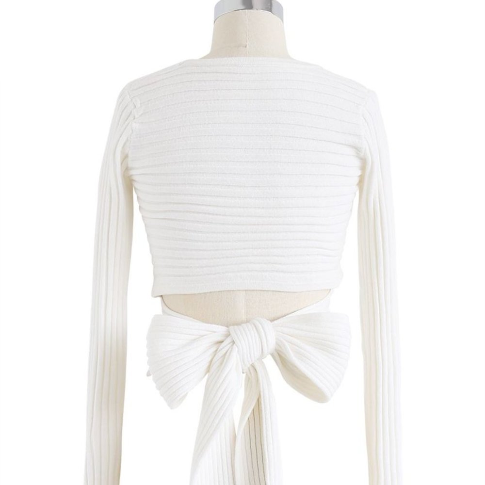 Bowknot Back Crop Ribbed Knit Top in White Sz M-L